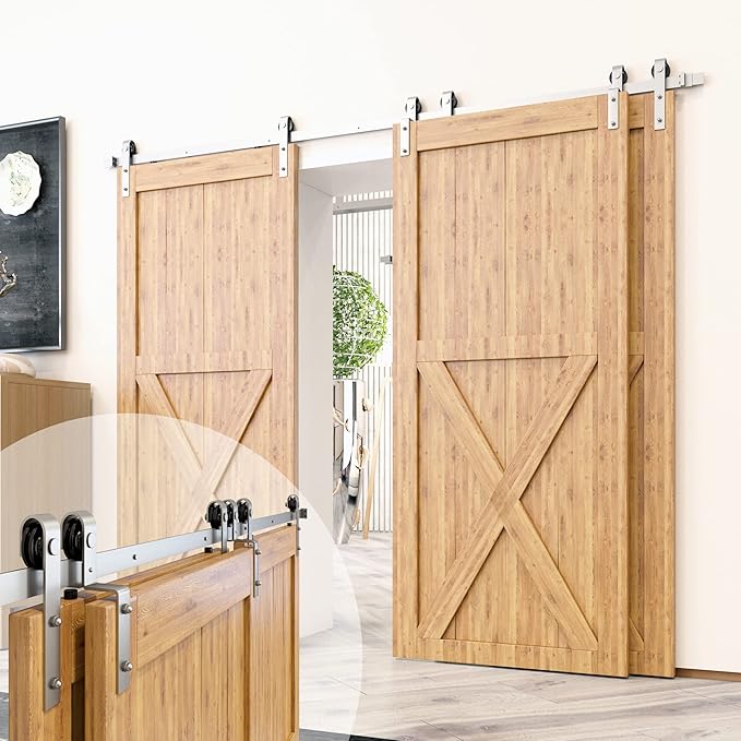 Homacer Brushed Nickel Single Track Bypass Sliding Barn Door Hardware Kit, for Three Doors, 20ft Long Flat Track, Classic Design Roller, (2 Flat+ 1 Bent Roller Set)