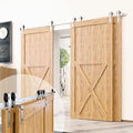 Homacer Brushed Nickel Single Track Bypass Sliding Barn Door Hardware Kit, for Three Doors, 14ft Long Flat Track, Classic Design Roller, (2 Flat+ 1 Bent Roller Set)