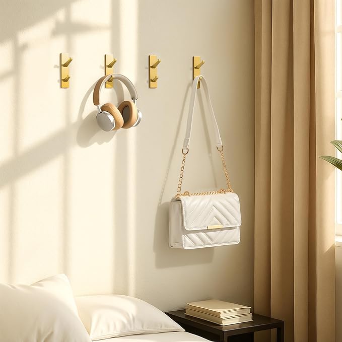 Gold Wall Hooks for Coat Towel: 13LB Adhesive Door Hanger Stick on, 4 Pack