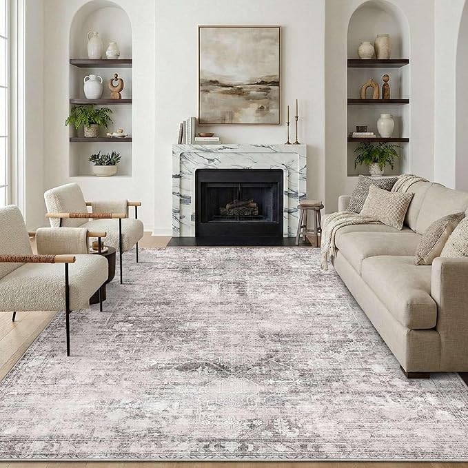Vintage 8x10 Grey Rug For Living Room, Washable Large Area Rugs for Bedroom, Dining Room, Kitchen, Non Slip Low Pile Soft Distressed Floor Carpets For Kids Nursery, Classroom, Farmhouse Office