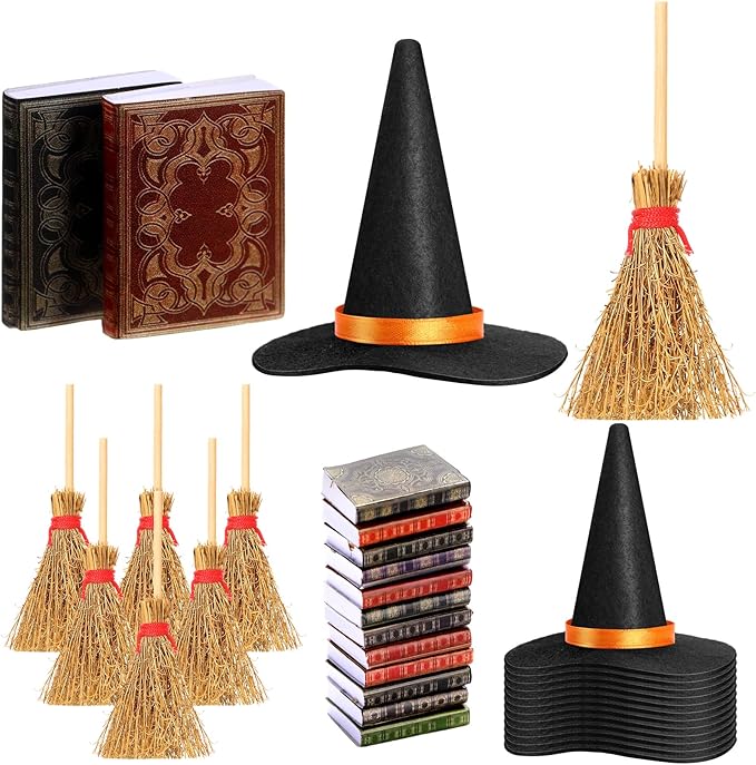 36 Pieces Mini Halloween Decorations 12 Mini Felt Witch Hats 12 Small Brooms 12 Miniature Dollhouse Books Tiny Witch Accessories Set for DIY Crafts Halloween Party Decor Supplies