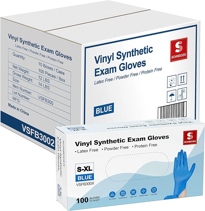 Schneider Vinyl Synthetic Exam Gloves, 4 Mil, Latex Free Disposable Gloves for Medical, Cooking, Cleaning, and Food Prep,1000
