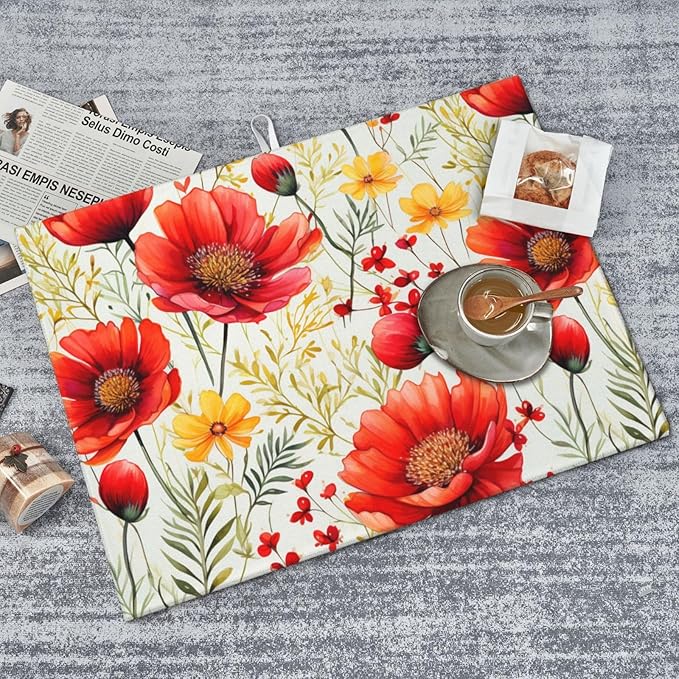 Watercolor Poppy Flower Dish Drying Mat For Kitchen Counter Absorbent Large Kitchen Fast Dry Pad Reusable Washable Protector Rack Large Mat 18 X 24