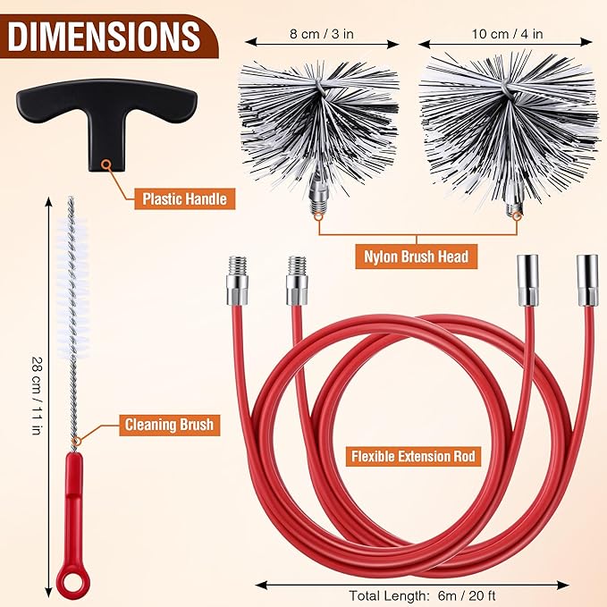 Feekoon Pellet Stove Cleaning Kit, 20 FT Flexible Steel Rod with 3" & 4" Brush Head, Flue Detail Cleaner, Pellet Stove Accessories for Vent Pipes Cleaning - Reduce Buildup & Improve Airflow