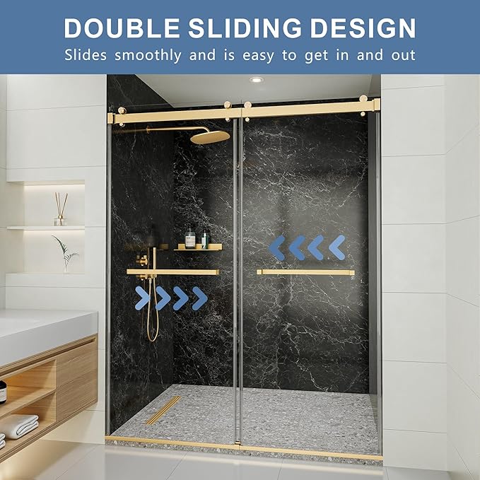 44-48" W x 76" H Frameless Shower Door, Double Sliding Glass Shower Door with 5/16" (8mm) Clear SGCC Tempered, Roller Disc System, 304 Stainless Steel (Brushed Gold, 44-48" W*76" H)