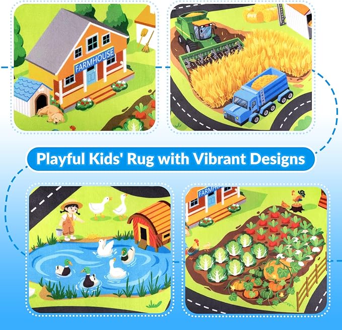 Kids Rug, Fun Farm Car Rugs for Kids' Toy Cars, 6x9 FT Extra Thick (0.4in) Toddler Car Play Mat, Non-Slip, Cushioned, Easy to Clean, Educational Imaginative Car Carpet for Kids