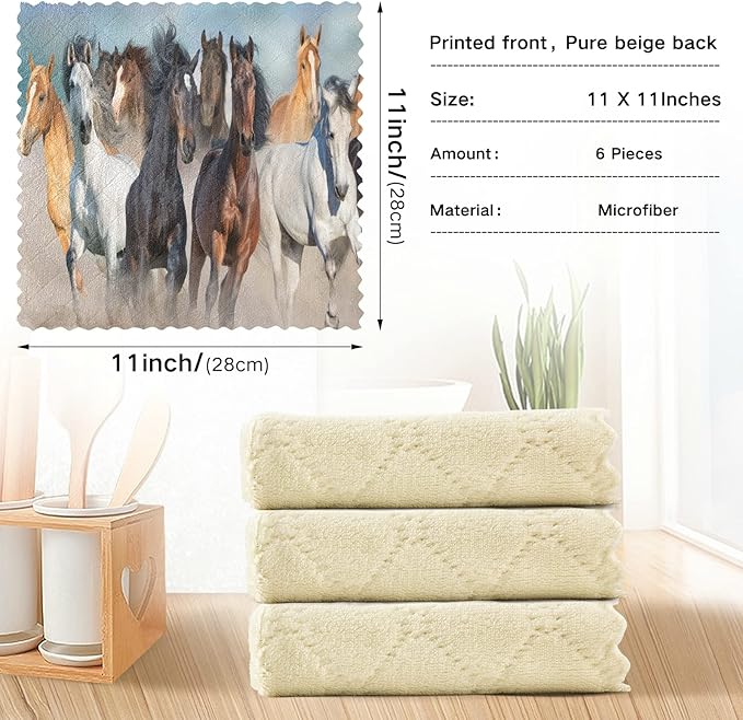 ALAZA Dish Towels Kitchen Cleaning Cloths Running Horse Dish Cloths Super Absorbent Kitchen Towels Lint Free Bar Tea Soft Towel Kitchen Accessories Set of 6,11"x11"