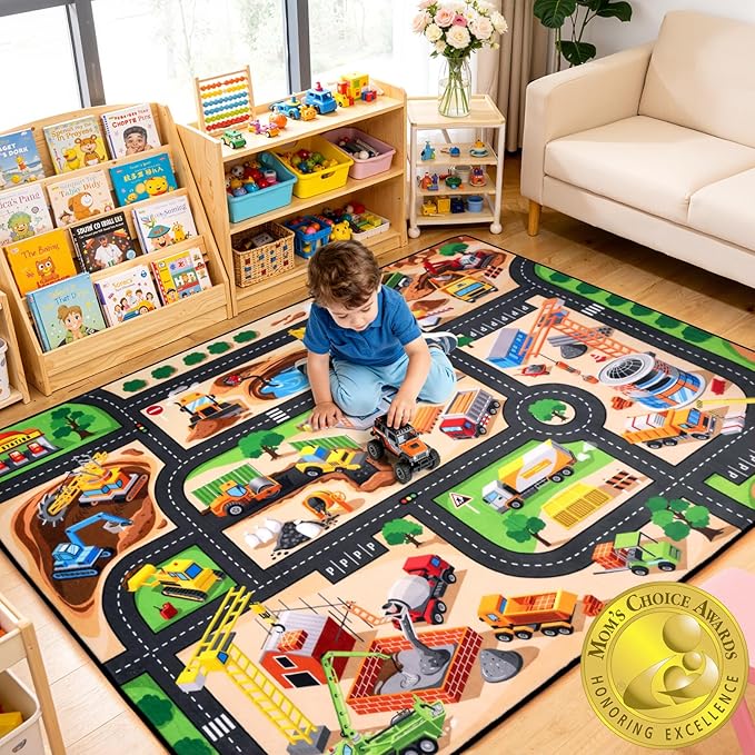 Kids Rug, 4x6 FT Construction Site Car Rug Play Mat, Soft & Durable, Non-Slip, Machine Washable, Cartoon Construction Site Pattern Car Carpet Playmat for Kids Room, Playroom & Nursery