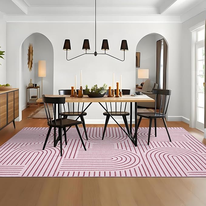 Washable Rug 5x7 Area Rugs for Living Room, Abstract Rug for Bedroom, Soft Rainbow Non Slip Throw Rugs with Rubber Back, Low Pile Stain Resistant Boho Geometric Carpet for Dining Room, Pink