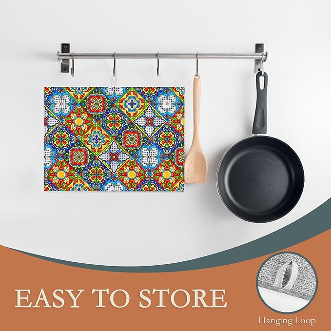 Mexican Tile Dish Drying Mat,Boho Tradicion Drying Rack Pad Countertop Dishes Ultra Absorbent Microfiber Kitchen Counter Mat for Coffee Countertop Decor 18x24 Inch