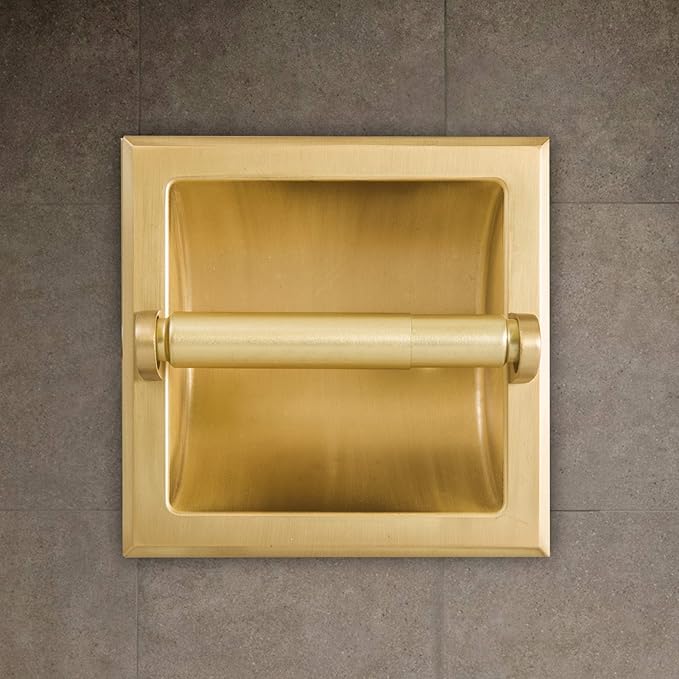 SENTO Recessed Gold Toilet Paper Holder, Wall Mounted Heavy Duty Metal Toilet Paper Roll Holder with Rear Mounting Bracket, in Wall, Easy Installation, Satin Brass