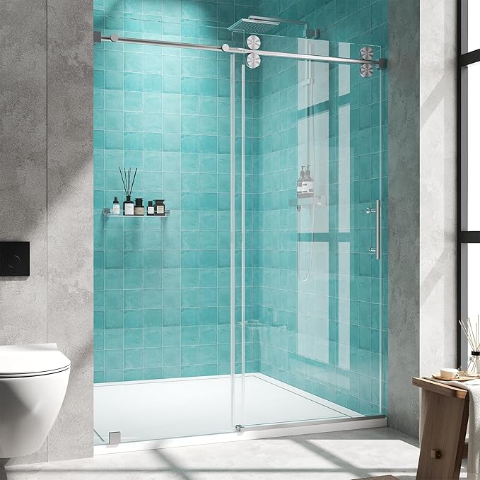 Frameless Sliding Shower Door 56–60 in W x 76 in H, 8mm Clear Tempered Glass Shower Doors Glass Sliding 60 Inches, Double Nano Coating, Stainless Steel Hardware, Silent Smooth Rollers, Brushed Nickel