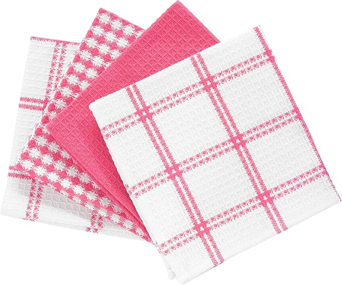T-Fal Premium Waffle Dish Cloths: Highly Absorbent, Super Soft Long Lasting - 100% Cotton, 12"x13" Flat Waffle Dish Towel for Cleaning & Drying Dishes, (4-Pack), Pink