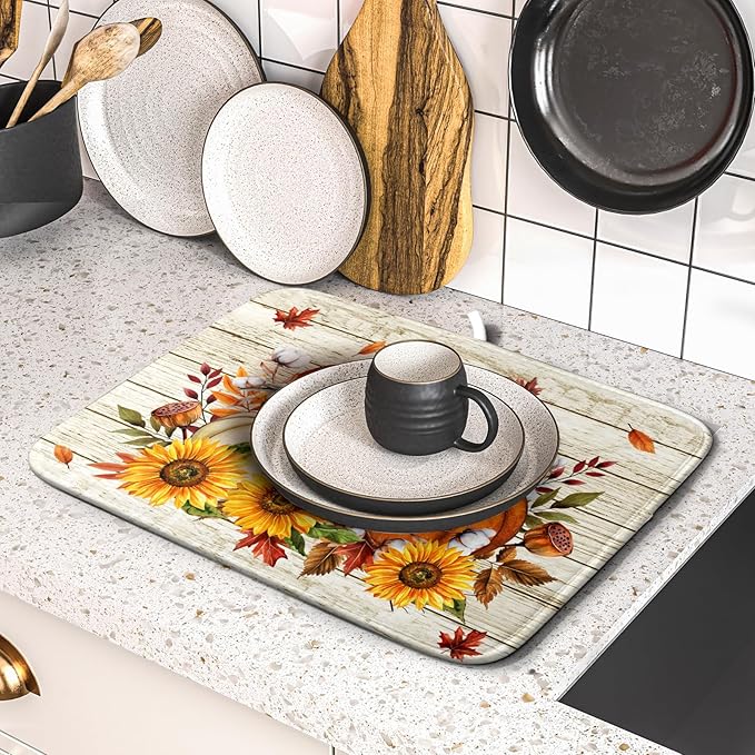 Hello Fall Dish Drying Mat Autumn Pumpkin Dish Drainer Rack Mats 16"x18" Fast Dry Microfiber Dish Drying Pad for Kitchen Countertop Table
