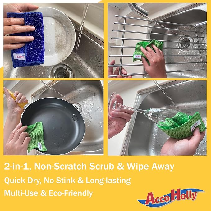 16-Pack Reusable, Scrub Dish Cloth –Non-Scratch Microfiber Scrubber, Planet-Friendly, Easy Rinsing, Quick Dry, Dishwasher Safe Cloth for Kitchen & Household, 6 x 6 Inch, Blue & Green Assorted