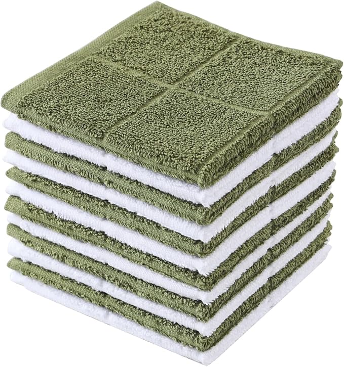 Glynniss Dishcloths Kitchen Highly Absorbent Dish Rags 100% Cotton Dish Cloths for Washing Dishes, Cleaning (Green White, 11x11)