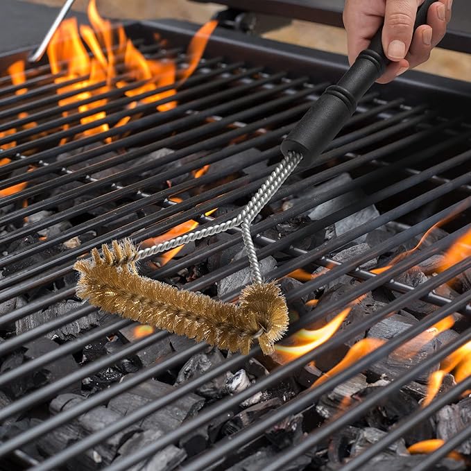 HIC Kitchen Roasting 3-Sided Grill Cleaning Brush with Non-Scratch Brass Bristles, 16.5-Inches Long