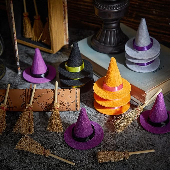 24 Pieces Wine Bottle Toppers - Mini Witch Hats, Brooms and Felt Caps for Halloween Party Favors and Crafts