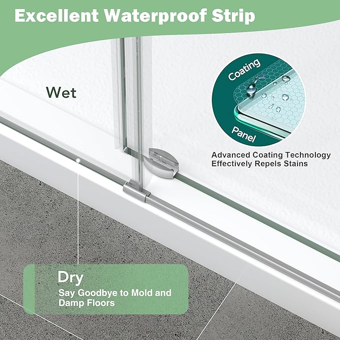 KPUY Frameless Shower Door, 49-54" W x 76" H Sliding Glass Shower Door, 1/4" (6mm) Thick Tempered Clear Glass with Explosion-Proof Film Nano Coating in Brushed Nickle Finish