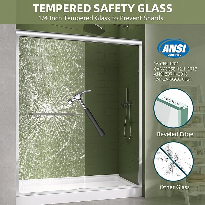 GETPRO Shower Door Double Sliding 56-60 in. W x 72 in. H Semi-Frameless Bypasss Bathroom Glass Shower Sliding Doors,1/4 inch Clear Tempered Glass Door for Walk-in Shower Chrome Finish