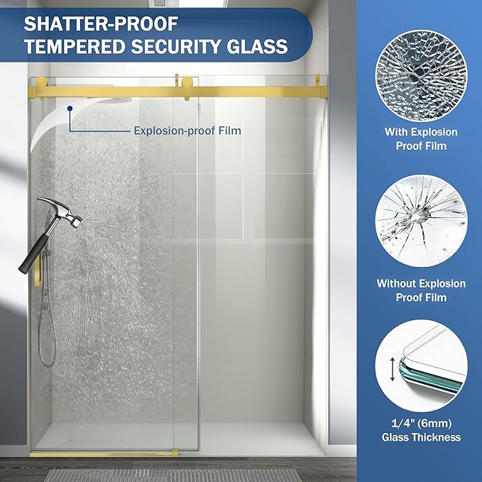Abruzzo 56"-60" x76" Frameless Shower Door Gold - Soft-Close Sliding Enclosure with 6mm Explosion-Proof Glass, Adjustable Reversible Design for Modern Bathrooms