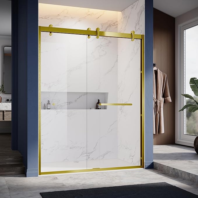 56"-60" W X 76" H Double Sliding Shower Door with Frame - Satin Brass Hardware, 8mm Tempered Glass, Stainless Steel Hanger Rollers, Easy-Cleaning Coating, Through-Glass Towel Bar & Knob?