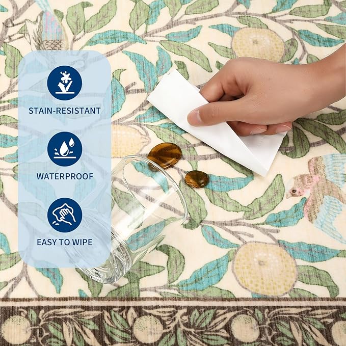 GarveeHome 2x6 Runners for Hallways Non Slip, Boho Leaf Kitchen Runner Rug Washable Rugs for Bedroom, Low Pile Soft Beige Runner Botanical Bird Rug for Dorm Entryway Laundry Room Bedroom
