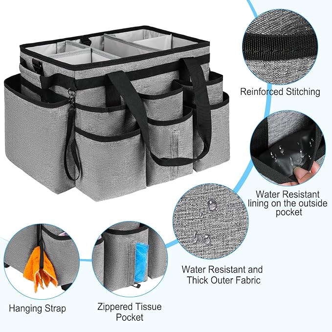 Large Rolling Cleaning Caddy Bag with Detachable Trolley,Cleaning Cart on Wheels with Shoulder Strap,Cleaning Supplies Organizer for Housekeepers,Gray