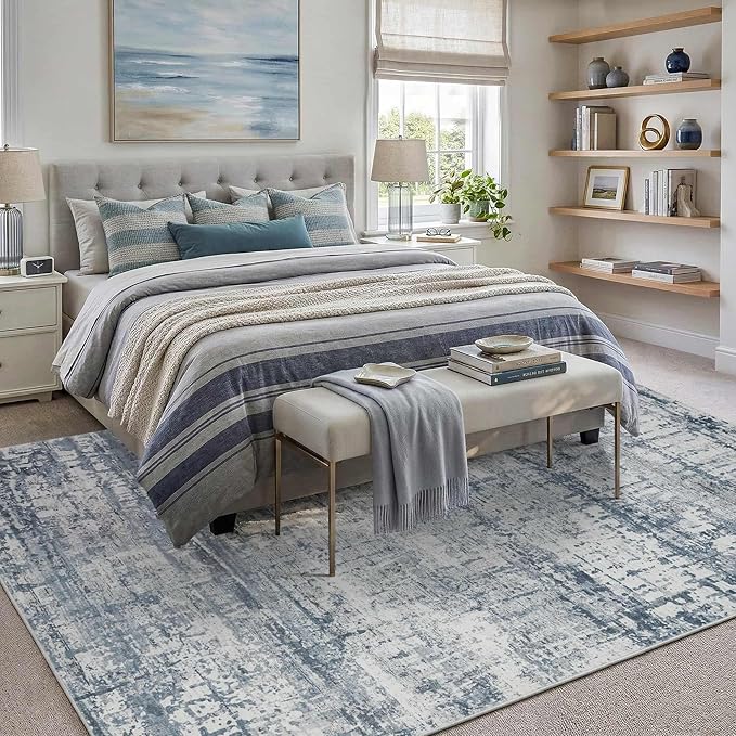 6x9 Washable Area Rug for Living Room, Modern Abstract Large Boho Rugs for Office, Dining Room, Kids Room, Farmhouse, Durable Low Pile Non Slip Carpet for High Traffic Areas, Blue Grey