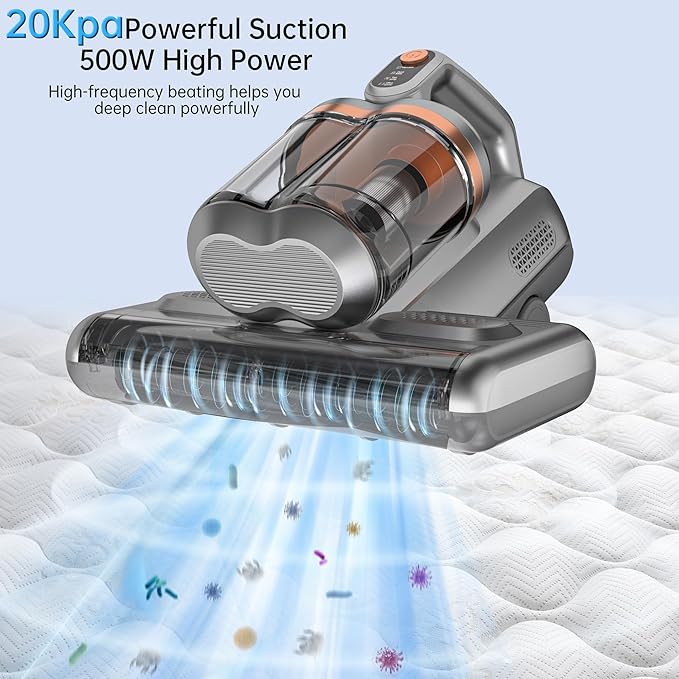 Mattress Vacuum,20Kpa Bed Vacuum Cleaner with 273nm UV-C Light & Ultrasonic & High Heating, Dual Brush Roll Rotation & Dust Cup, 500W Deep Cleaning 99.9% Filtration with 32000 RPM/Min