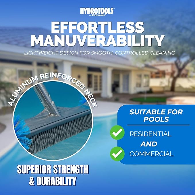 SWIMLINE HYDROTOOLS Pool Brush Head for Inground & Above Ground Pools | EZ Clip Compatible | 22-Inch Aluminum Brush with ROUND EDGE Bristles | Metal Reinforced Neck for Wall, Floor & Corners