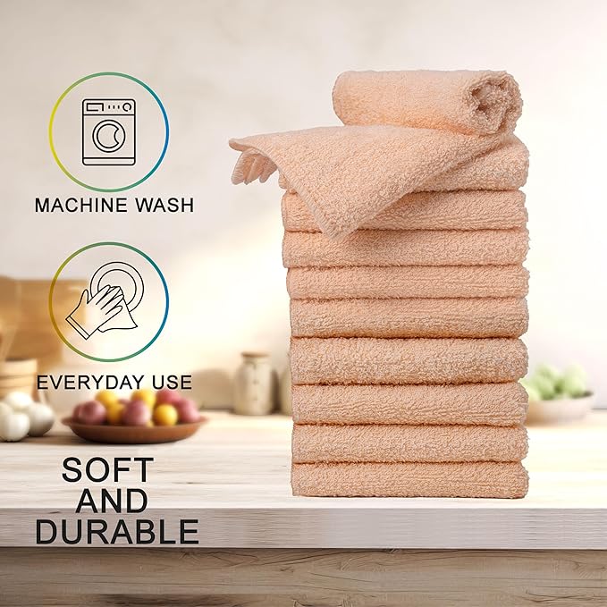Textila Terry Wash Cloths – Pack of 10, Soft Peach, 12x12 Inches – Soft, Absorbent & Multipurpose Cotton Washcloths for Face, Hand, Bath, Kitchen, Spa, Gym & Hotel Use