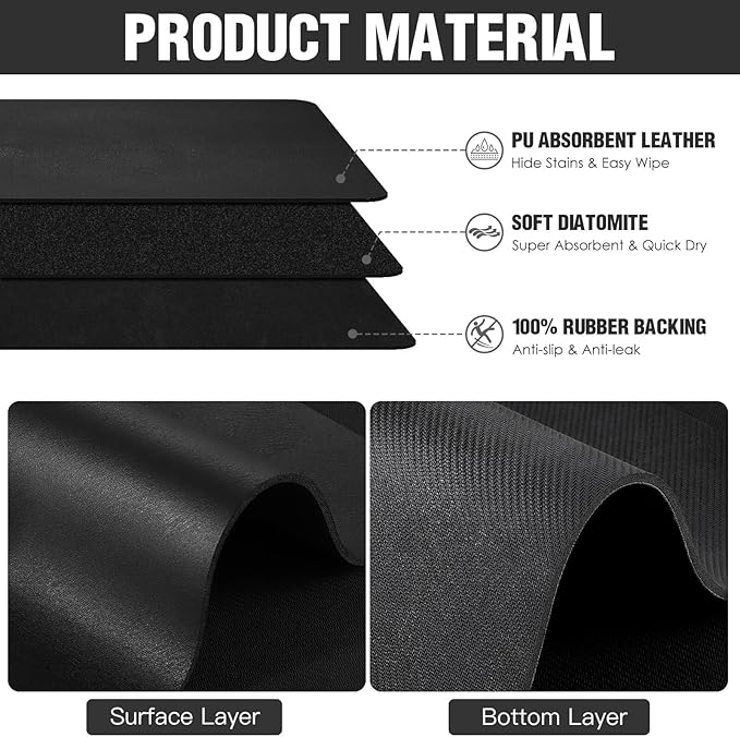 Dish Drying Mat for Kitchen Counter Super Absorbent Drainer Mats with Non-slip Rubber Backed Hide Stain Heat Resistant Easy to Clean Dish Rack Mat (Black, M-18"x16")
