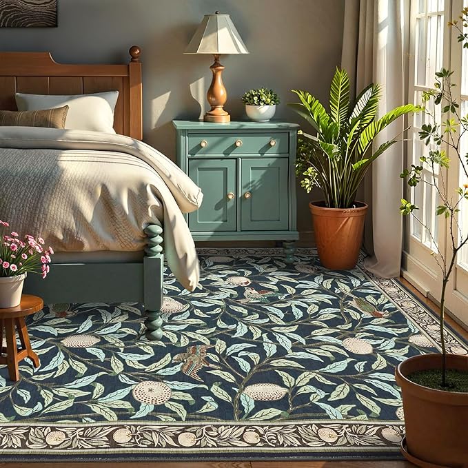 GarveeHome Boho Leaf Rugs for Bedroom, 5x7 Area Rugs for Living Room with Soft Low Pile, Non Slip Botanical Bird 5x7 Washable Rug for Dining Stain Resistant Indoor Navy Blue Carpet for Playroom Dorm