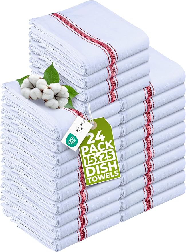 Utopia Towels Red Dish Towels [24 Pack - 15 x 25 Inches] 100% Ring Spun Cotton Highly Absorbent & Reusable Cleaning Bar, Tea, Kitchen and Dishcloths Set - 200 GSM