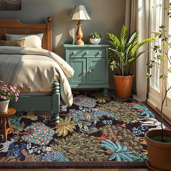GarveeHome Jungle Animal Print Rug 6x9 Washable Area Rugs for Living Room, Forest Rug Non Slip Low Pile Stain Resistance Large Throw Carpet for Bedroom Dining Room Kids Playroom Nursery, Black