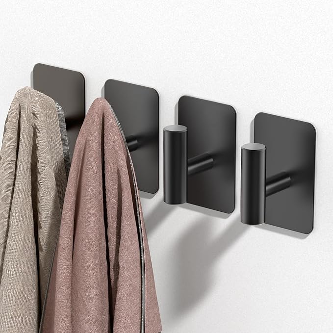 Black Hooks for Hanging Heavy Duty, Wall Hooks for Shower, Bathroom, Towel, Coat, Robe, Waterproof & Rustproof Adhesive Hooks, Sticky Towel Hooks for Walls No Damage- 2 Pack