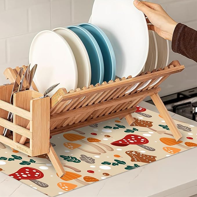 Funny Mushrooms Dish Drying Rack Mats Decor,Green Leaves Dish Pad Drying Mat Kitchen Counter 18x24 Inch Absorbent Reversible Microfiber for Coffee Bar Sink Countertop