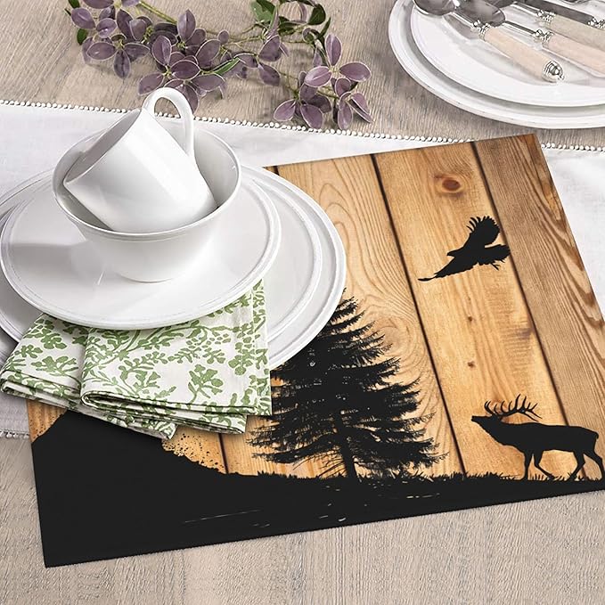 Retro Rustic Wolf Deer Forest Brown Wood Dish Drying Mat for Kitchen Counter, 16"x18" Microfiber Absorbent Fast Dry Mat, 2Pcs Dish Mat Faucet Mats Sets, Large Drying Kitchen Mat Kitchen Drying Pad