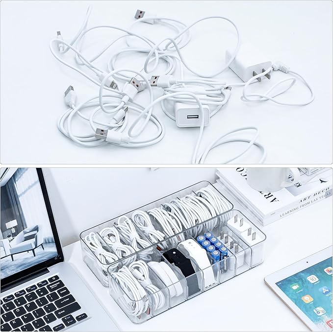 2 Pack Cable Cord Storage Box, Plastic Desk Drawer Organizer Case for Home Office Supplies, Art Crafts, Electronic Accessories, Phone Charger and Wires