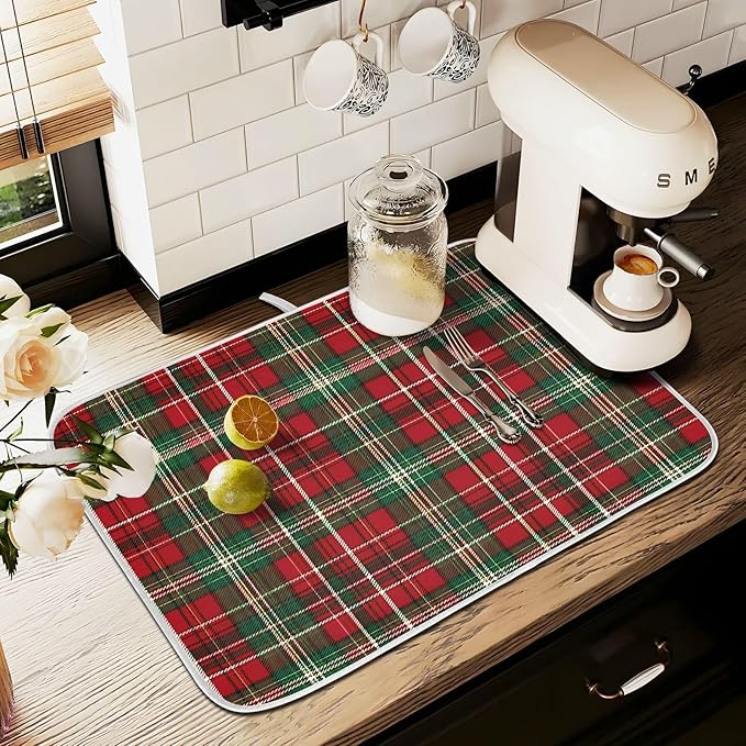 Christmas Red Green Buffalo Checkered Dish Drying Mat for Kitchen Counter Absorbent Microfiber Large Drying Pad Dish Mats for Kitchen Countertops 18 x 24 Inch