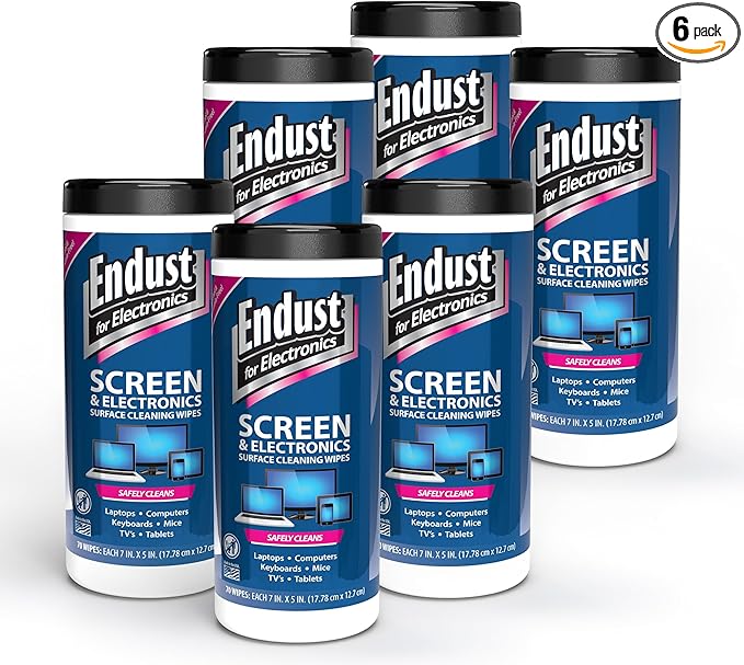 Endust For Electronics; Screen & Surface Cleaning Wipes, For TV, Phone, Computer Monitor, Laptop, Tablet, Pre-Moistened, Alcohol and Ammonia Free, 70 Count, 6 Pack (11506P6)
