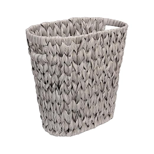 Wicker Trash Can,Waterproof Bathroom Waste Basket,Plastic Wicker Woven Waste Basket with Built-in Handles, 19 Liters/5 Gallons,Decorative Boho Rubbish Bin for Bedroom, Office, Kitchen, Laundry (gray)