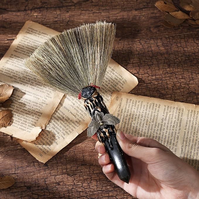 Labradorite Witch Altar Broom - Wiccan Stuff Witchcraft Supplies Moth Mini Magic Broomstick with Natural Healing Crystals Hexagonal Points Pagan Reiki Fengshui Energy Clearing Gift