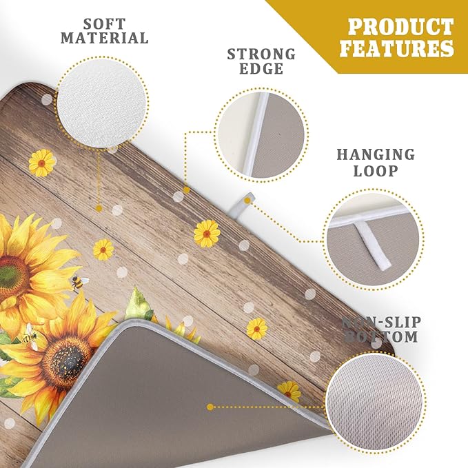 Summer Sunflower Bee Dish Drying Mat for Kitchen Counter,Rustic Yellow Flowers White Polka Dots Drying Mat 18 x 24 Inch with Absorbent Reversible Microfiber Drying Pad for Coffee Bar