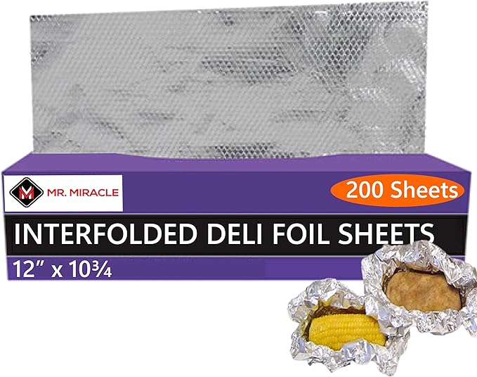 Box of 200 - Pre-Cut 12" Aluminum Foil Sheets - 12x10" Extra Wide & Heat-Tolerant Foil Sheets, 100% Aluminum, Ideal for Food Wrapping, Grilling & Freezing, Convenient Dispenser