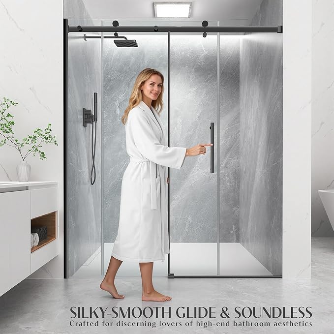 Shower Door 56-60'' W x 72'' H Semi-Frameless & Double Sliding, 1/4 inch (6mm) Thickness Clear Tempered Glass for Walk-in Shower,Matte Black