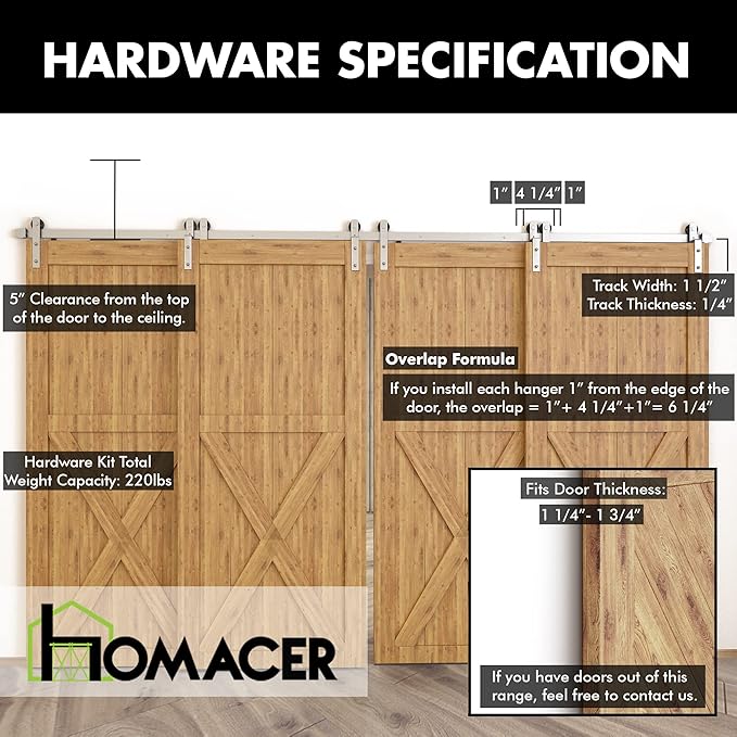 Homacer Brushed Nickel Single Track Bypass Sliding Barn Door Hardware Kit, for Four Doors, 16ft Long Flat Track, StraightDesign Roller, (2 Flat+ 2 Bent Roller Set)