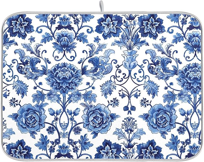 Blue White Porcelain Peony Dish Drying Mat for Kitchen Countertop 16x18 Rectangle Small Drying Mat Reusable Quick Dry Dish Sink Absorbent Mats Dishwasher Easy Clean Decorative Home Decor Essentials