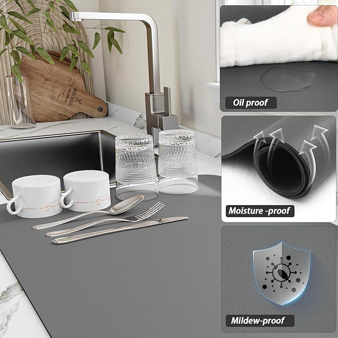 Dish Drying Mat for Kitchen Counter, Heat Resistant Drainer Mats with Non-slip Rubber Backed, Hide Stain Kitchen Super Absorbent Draining Mat, Easy to Clean Dish Rack Pad, Dark Grey 18"x32"
